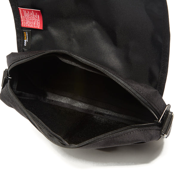 Black bag with a red label on a white background