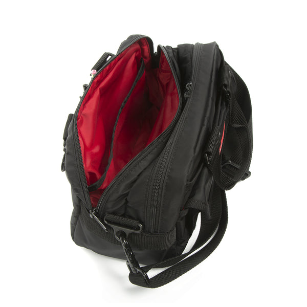 Black backpack with red interior on a white background
