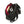 Black backpack with a red interior, containing a black and white object, on a white background