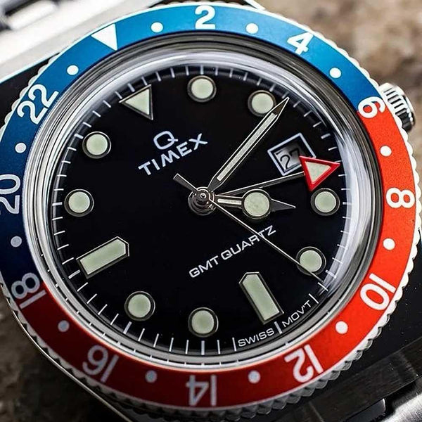 Q Timex GMT 38mm Blue Red Bezel Watch TW2V38000