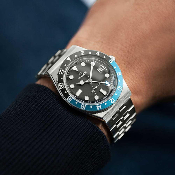 Q Timex GMT 38mm Black Blue Bezel Watch TW2V38100